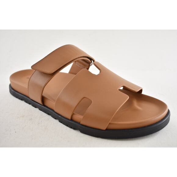 Hermes Chypre Sandal Mens Naturel Brown Gold Leather H Logo Slide Flat 45 12 - Picture 5 of 13